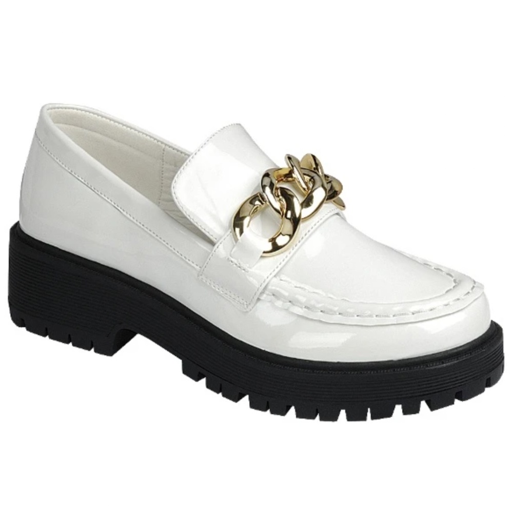 New Wide White Patent Gold Chain Slip On Platform Penny Loafers